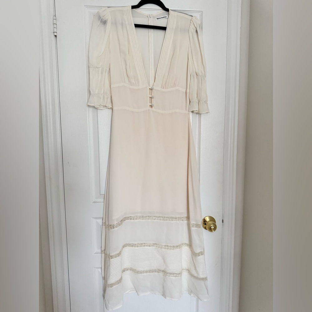 Reformation Ivory Midi Dress with Sheer Puff Sleeves - Picture 2 of 6